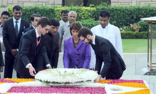 President of Switzerland, Doris Leuthard laying wreath at the Samadhi of Mahatma Gandhi, at Rajghat