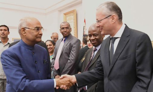 President of India, Shri Ram Nath Kovind shaking hands with the Egyptian Ambassador to India, Mr. Hatem Tageldin at the ‘At Home’ function, organised on the occasion of 71st Independence Day, at Rashtrapati Bhavan