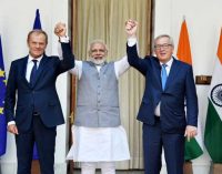 PM, Narendra Modi with the President, European Council, Donald Franciszek Tusk and the President, European Commission, Jean-Claude Juncker