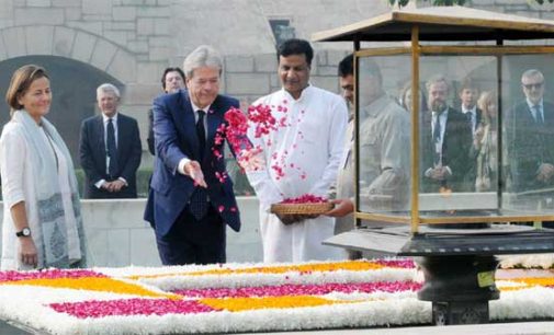 Prime Minister of the Republic of Italy, Paolo Gentiloni paying floral tributes at the Samadhi of Mahatma Gandhi