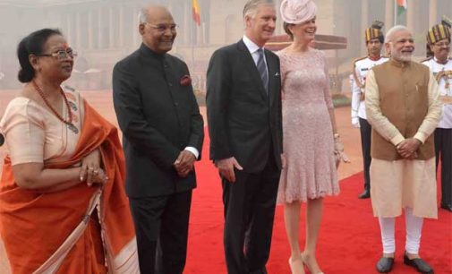 The President of India, Ram Nath Kovind, receives Their Majesties the King & the Queen of the Belgians during his ceremonial reception