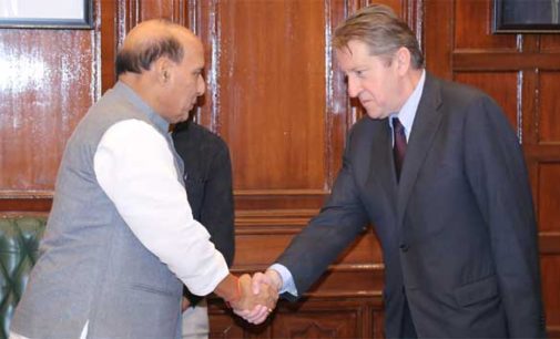 The Russian Ambassador to India, Nikolay Rishatovich Kudashev calling on the Union Home Minister, Rajnath Singh