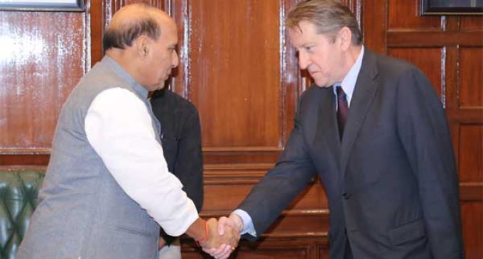 The Russian Ambassador to India, Nikolay Rishatovich Kudashev calling on the Union Home Minister, Rajnath Singh
