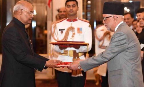 The Ambassador-designate of Nepal, Nilamber Acharya presenting his credential to the President of India, Ram Nath Kovind