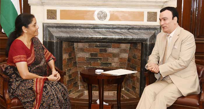 The Ambassador of UAE to India, Dr. Ahmed Al Banna calling on the Union Minister for Finance and Corporate Affairs, Smt. Nirmala Sitharaman, in New Delhi on June 25, 2019.