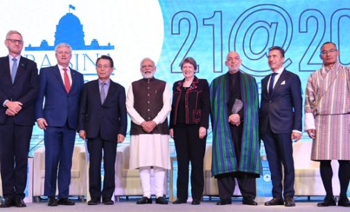 Prime Minister Narendra Modi with the global leaders at the inaugural session of Raisina Dialogue 2020