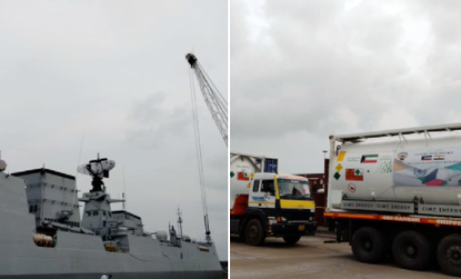 Kuwait supports India : Kuwait sends 3 ISO tanks with liquid medical O2 (20 MT each), 800 O2 cylinders and 2 O2 concentrators onboard INS Kochi arrives in New Mangalore Port