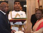 The Ambassador-designate of the Republic of Congo, Raymond Serge Bale presenting his credential to the President of India, Droupadi Murmu