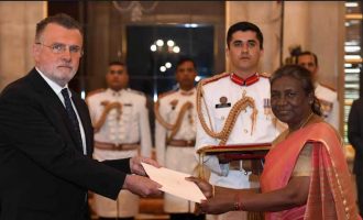 The Ambassador of Sweden, Jan Thesleff presenting his credential to the President of India, Droupadi Murmu