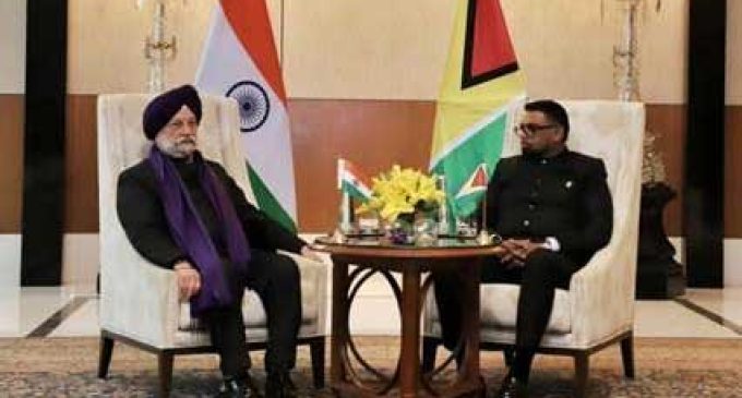 Hardeep S. Puri calls on the President of Guyana, Dr. Mohamed Irfaan Ali